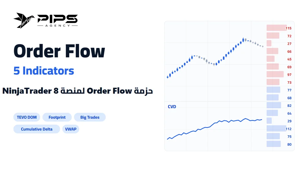 حزمة Order Flow من Pips Agency لـ NinjaTrader: DOM وFootprint وBig Trades والدلتا التراكمية وVWAP